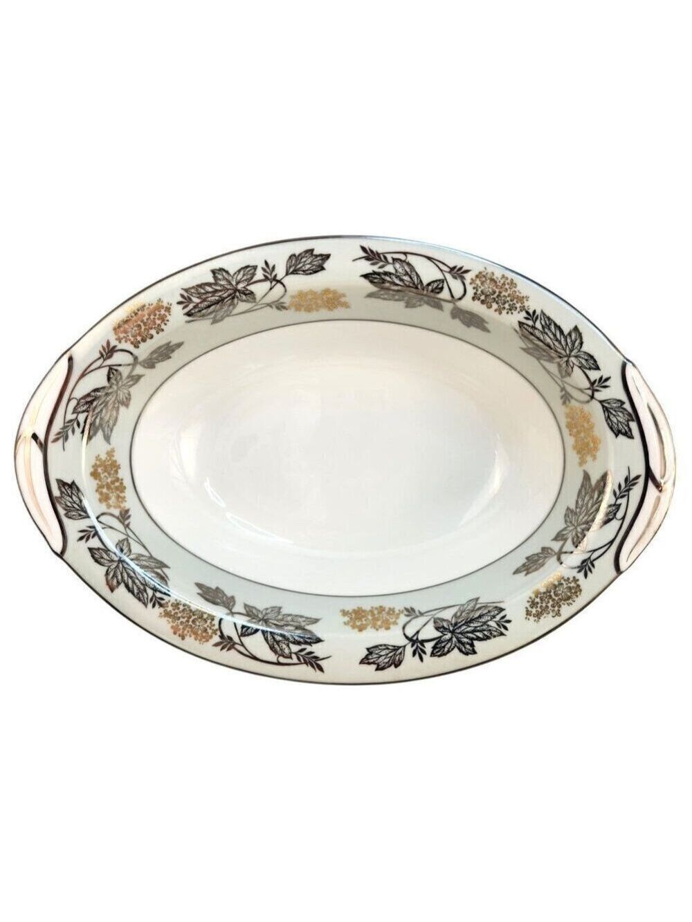Noritake Silvine 5487 Serving Platter Large Green Gold Flowers Silver Trim